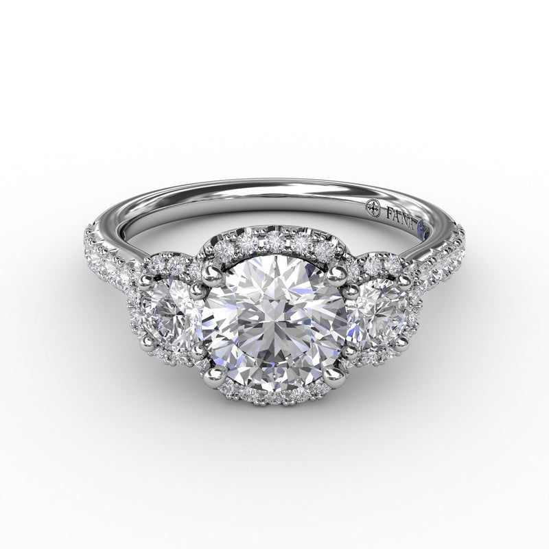 Fana Three-Stone Round Diamond Halo Engagement Ring