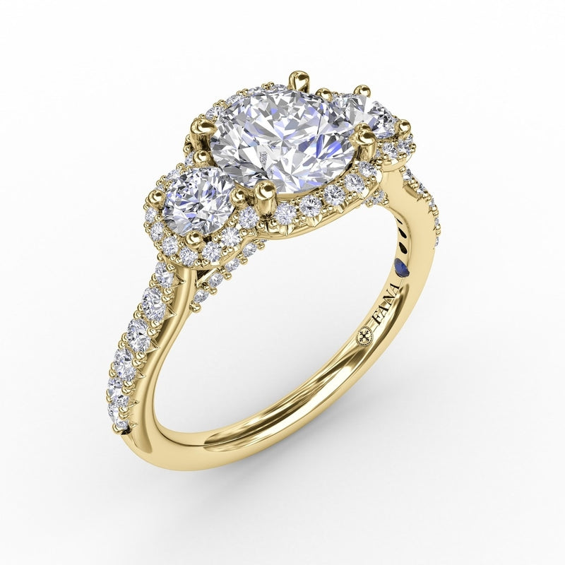 Fana Three-Stone Round Diamond Halo Engagement Ring