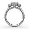 Fana Three-Stone Round Diamond Halo Engagement Ring