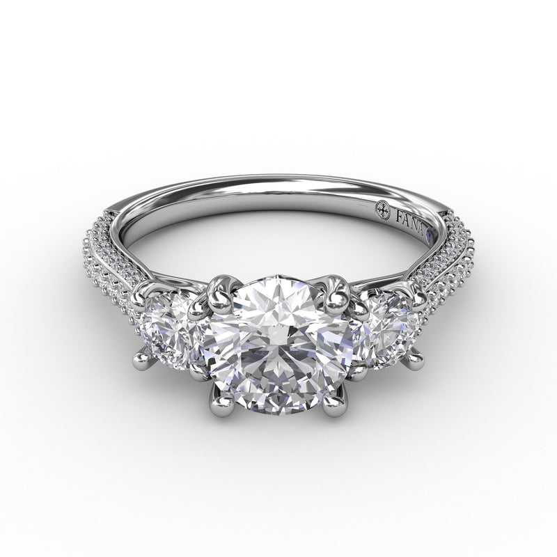 Fana Classic Three-Stone Round Diamond Engagement Ring With Pave Band