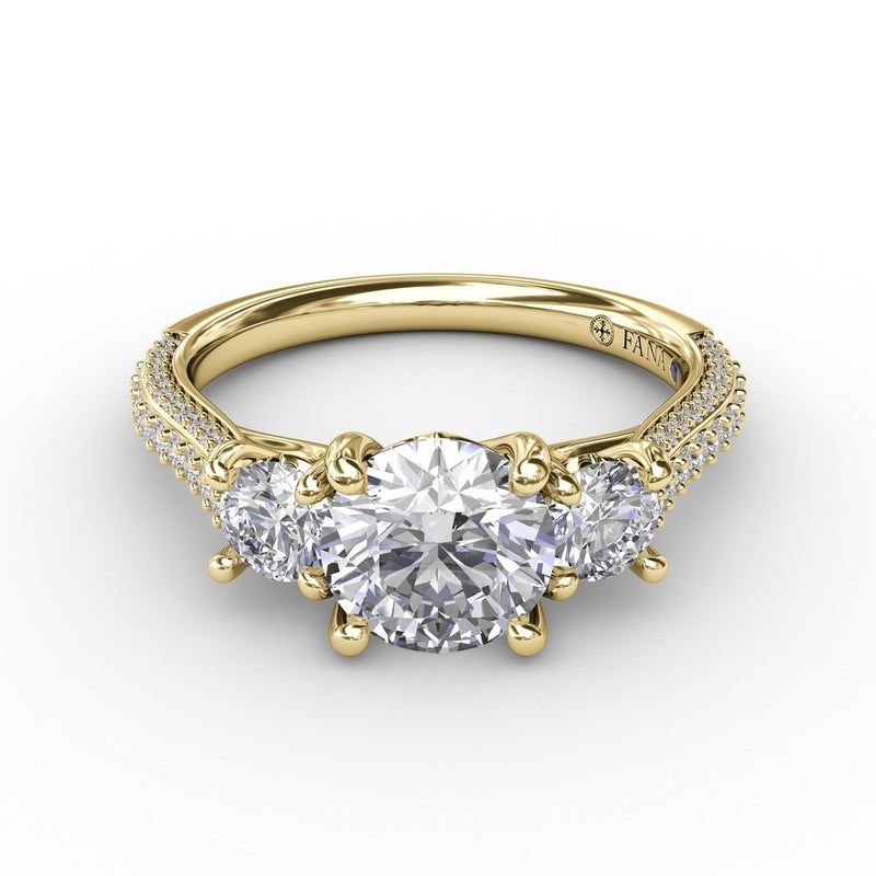 Fana Classic Three-Stone Round Diamond Engagement Ring With Pave Band