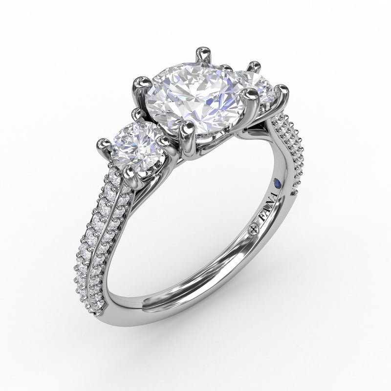 Fana Classic Three-Stone Round Diamond Engagement Ring With Pave Band