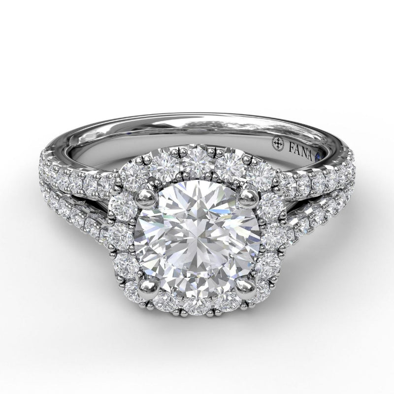 Fana Cushion Halo Engagement Ring with a Diamond Encrusted Split Band