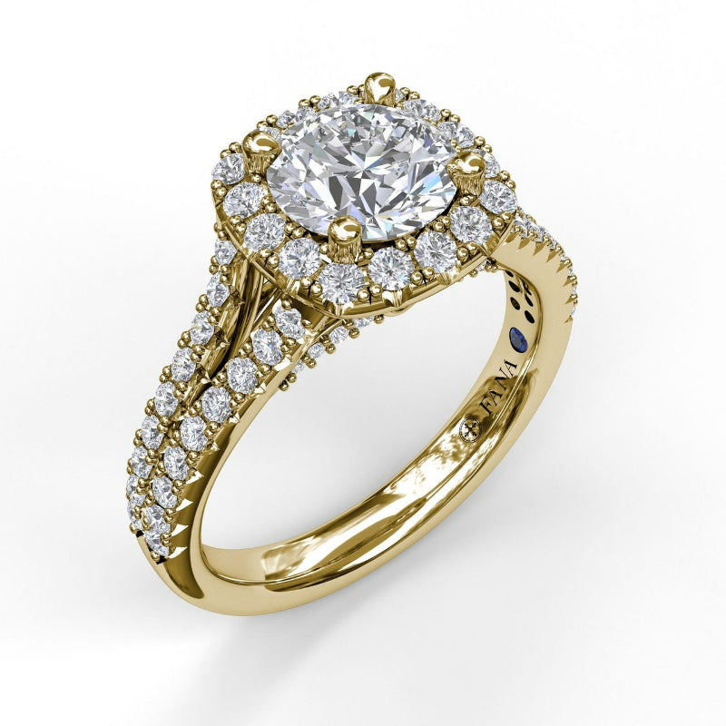 Fana Cushion Halo Engagement Ring with a Diamond Encrusted Split Band