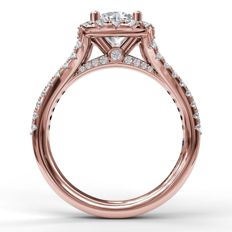 Fana Cushion Halo Engagement Ring with a Diamond Encrusted Split Band