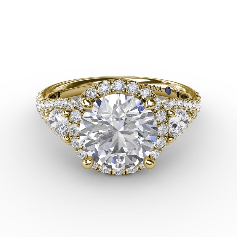 Fana Three-Stone Round Diamond Halo Engagement Ring