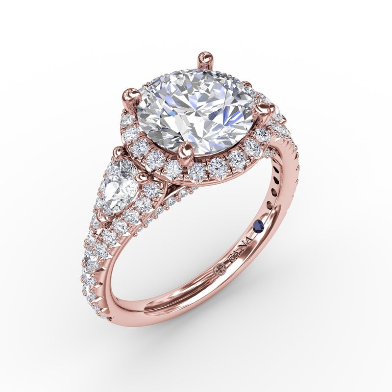 Fana Three-Stone Round Diamond Halo Engagement Ring