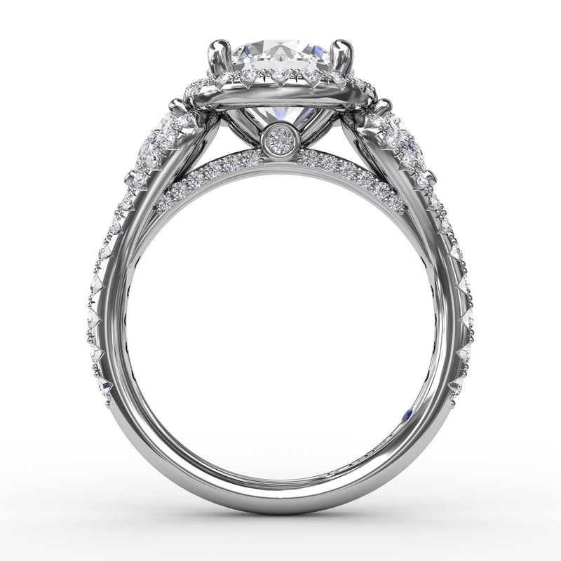 Fana Three-Stone Round Diamond Halo Engagement Ring