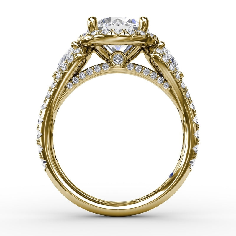 Fana Three-Stone Round Diamond Halo Engagement Ring