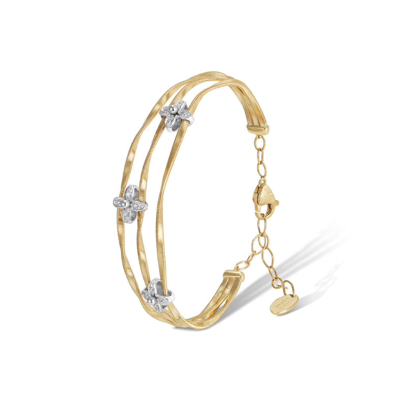 Marco Bicego Marrakech Onde Collection 18K Yellow and White Gold Three Strand Bangle with Diamond Flowers
