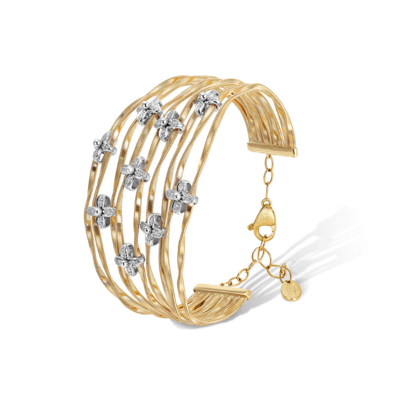 Marco Bicego Marrakech Onde Collection 18K Yellow and White Gold Nine Strand Bangle with Diamond Flowers