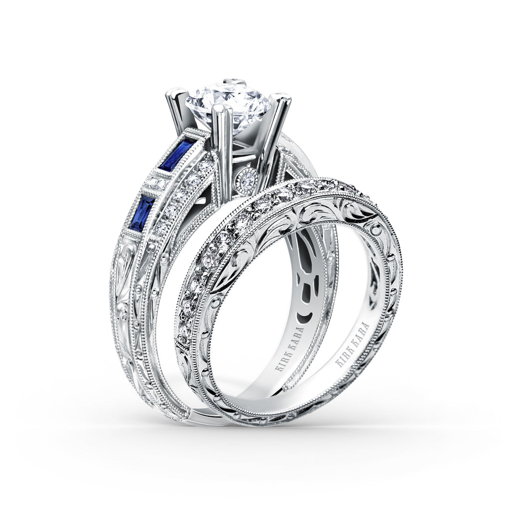 Kirk Kara CHARLOTTE Diamond Engagement Rings 18k Gold White 24DR .10 2DR .03 4SBG HAND ENGRAVED RING