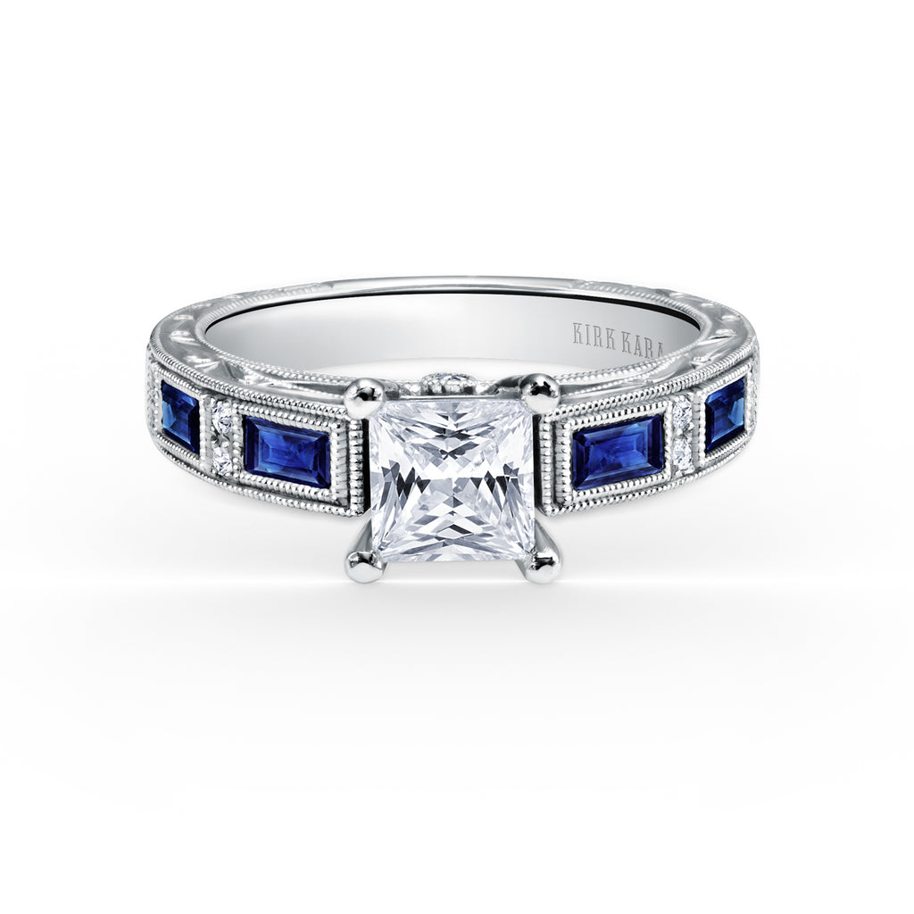 Kirk Kara CHARLOTTE Diamond Engagement Rings 18k Gold White 10DR .08 4 BLUE SAPP BAG ENGRAVED RING