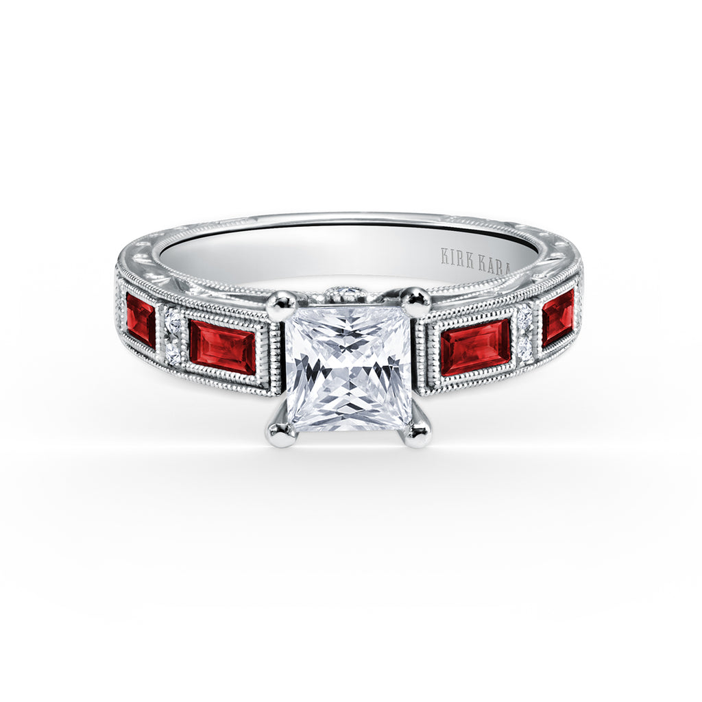 Kirk Kara CHARLOTTE Diamond Engagement Rings 18k Gold White 10DR .08 4 RUBY BAG ENGRAVED RING