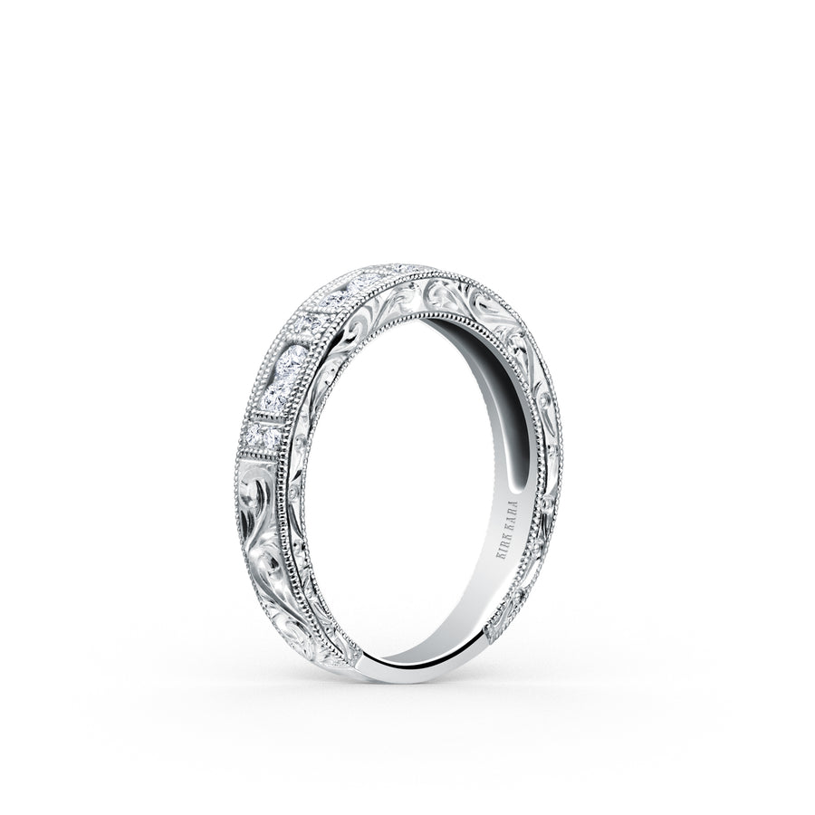 Kirk Kara CHARLOTTE Diamond Wedding Bands 18k Gold White 10DR 0.06 8DR 0.28 ENGRAVED WEDDING BAND