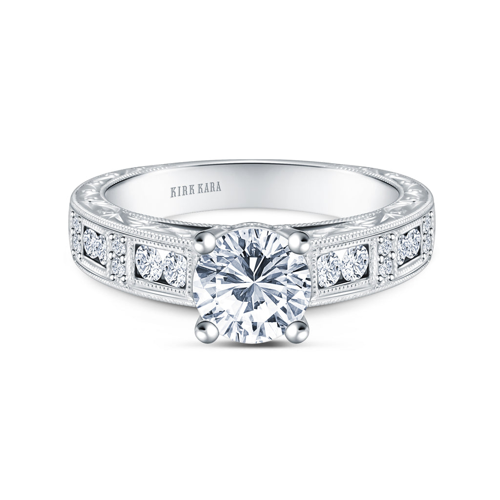 Kirk Kara CHARLOTTE Diamond Engagement Rings 18k Gold White 8DR .05 2DR .03 8DR .34VS2-SI1 ENGRAVED RING
