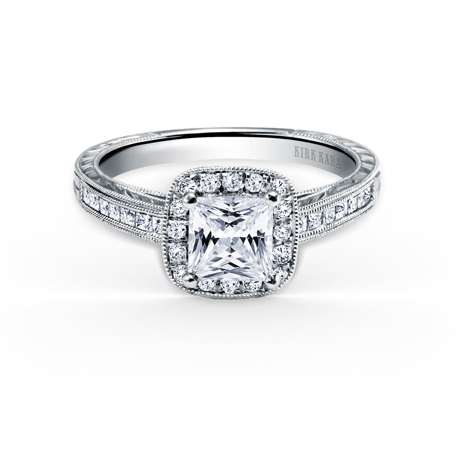 Kirk Kara CARMELLA halo Engagement Rings 18k Gold White 14DP .24 20DR .15 CHANNEL HALO RING