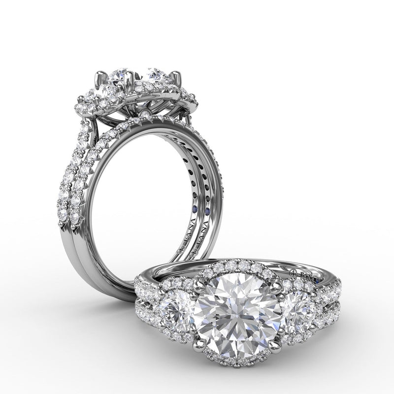 Fana Three-Stone Round Diamond Halo Engagement Ring