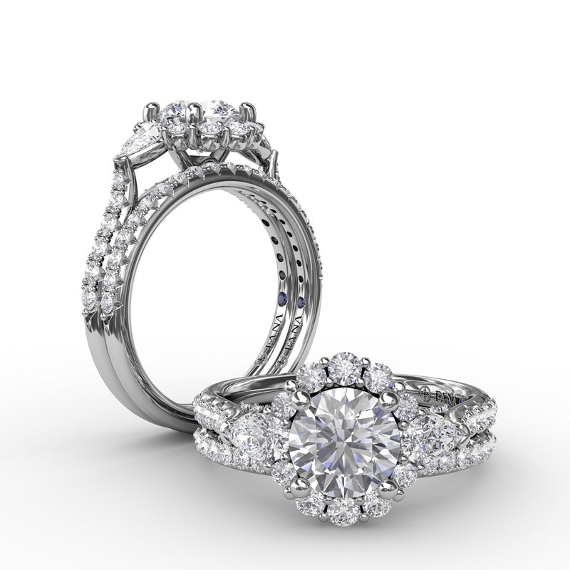 Fana Three-Stone Diamond Halo Engagement Ring With Pear-Shape Side Stones