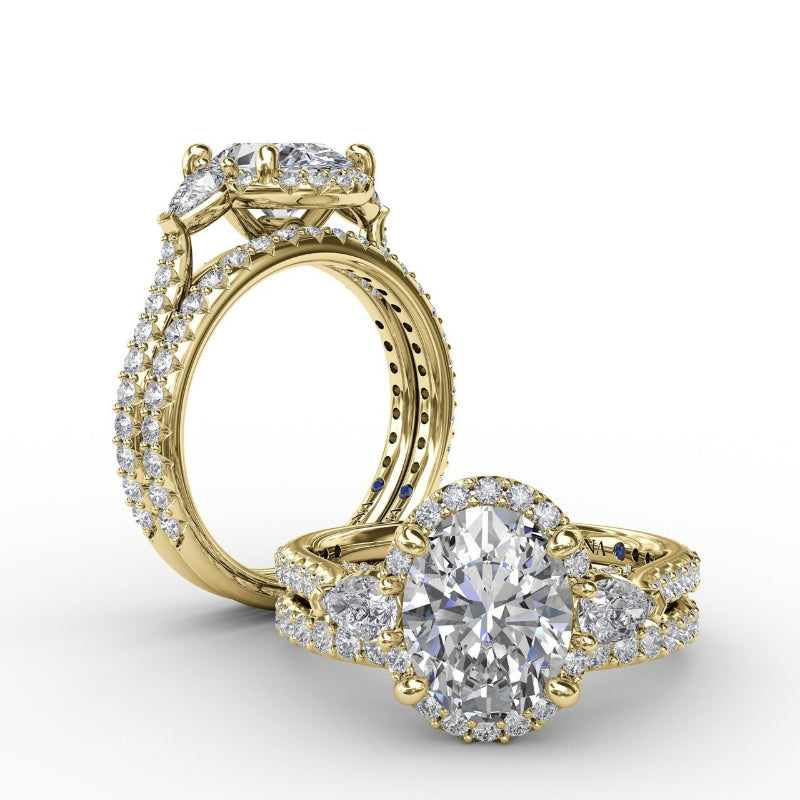 Fana Oval Diamond Halo Engagement Ring With Pear-Shape Diamond Side Stones