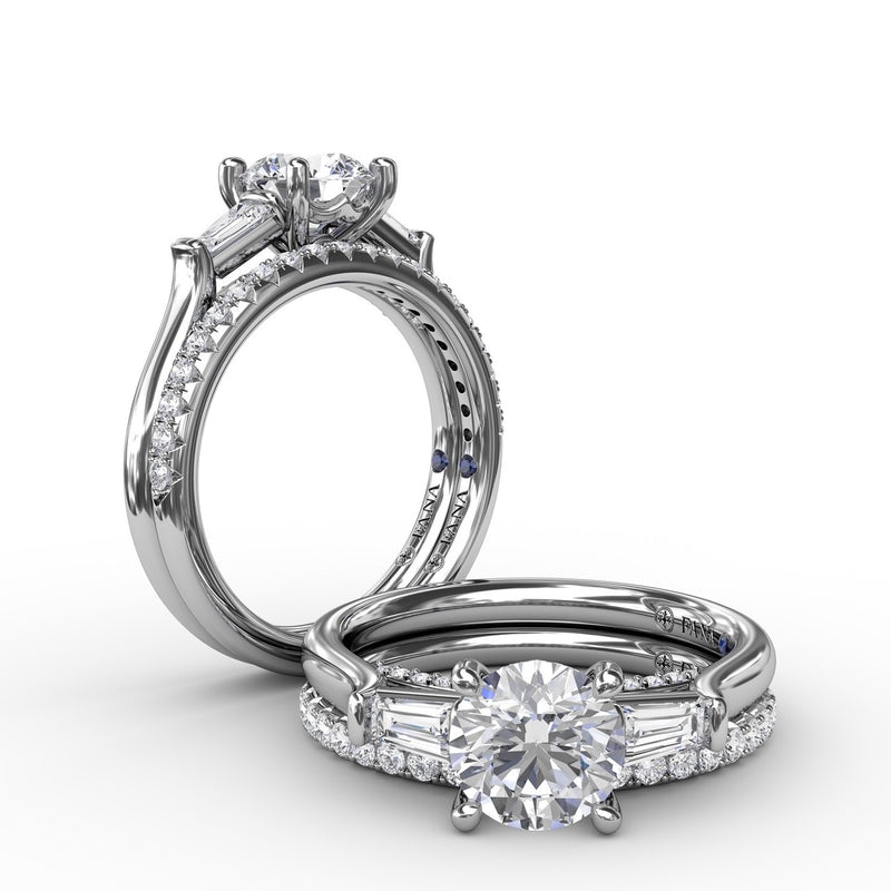 Fana Three-Stone Round Diamond Engagement Ring With Bezel-Set Baguettes