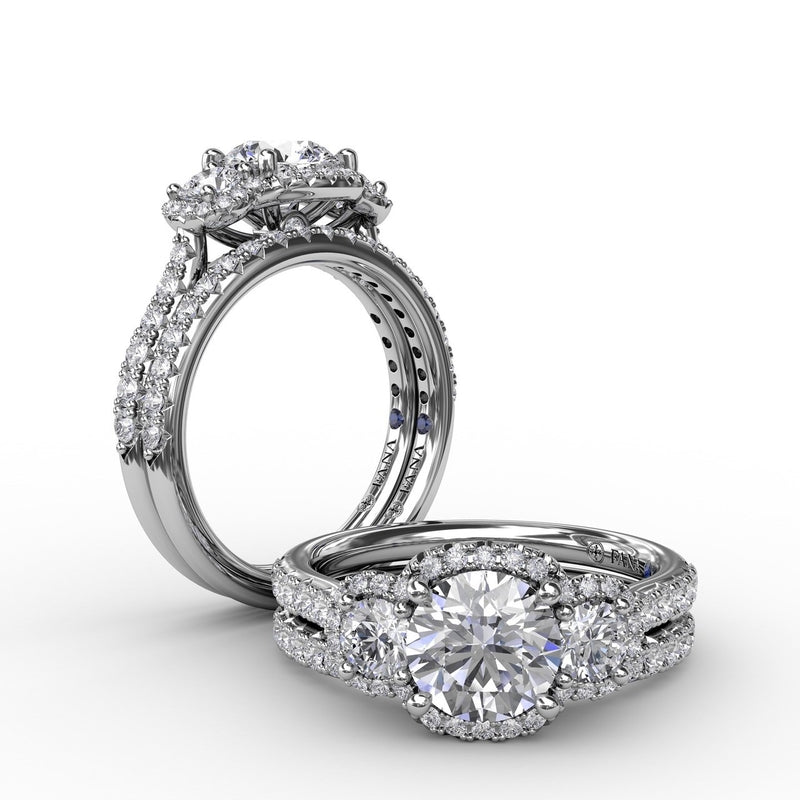 Fana Three-Stone Round Diamond Halo Engagement Ring