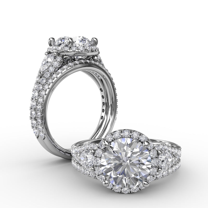 Fana Three-Stone Round Diamond Halo Engagement Ring