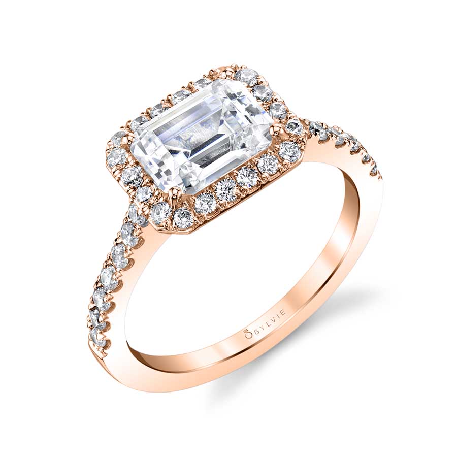 Emerald Cut East-West Classic Halo Engagement Ring - Chantelle 18k Gold Rose