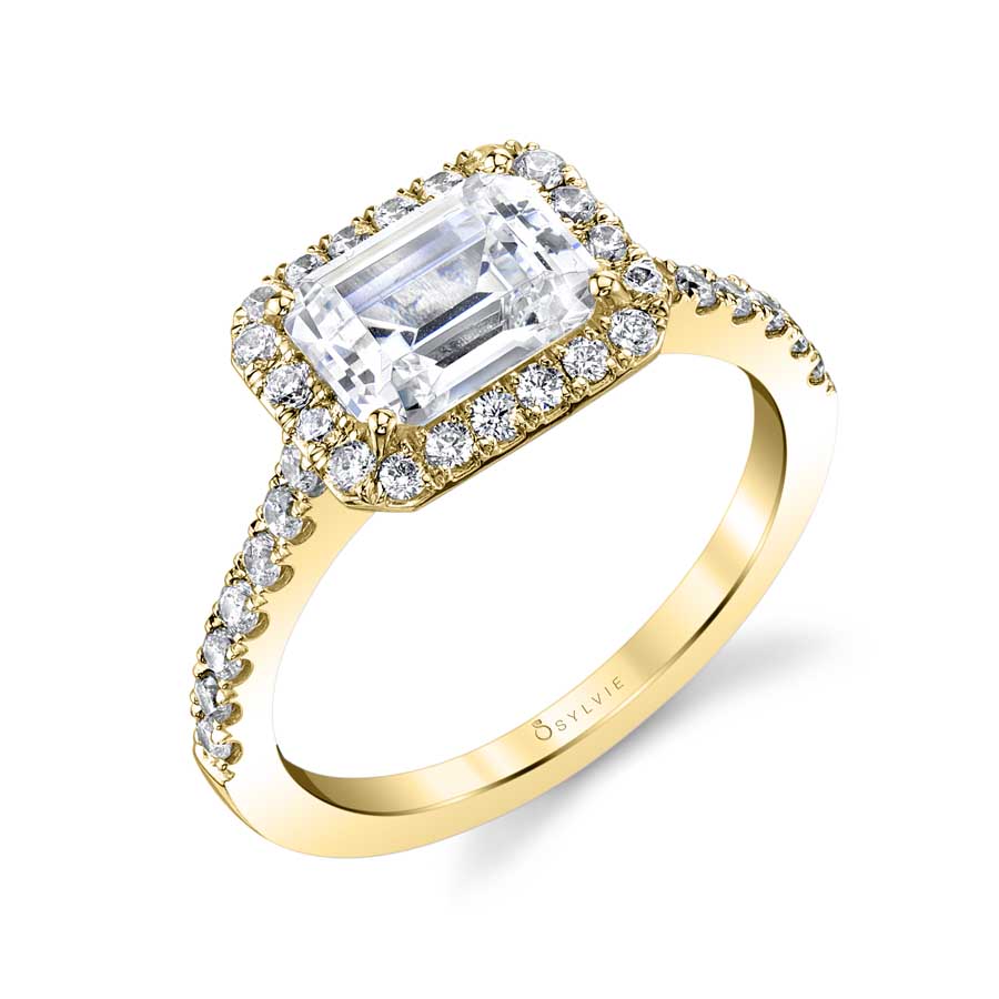 Emerald Cut East-West Classic Halo Engagement Ring - Chantelle 18k Gold Yellow