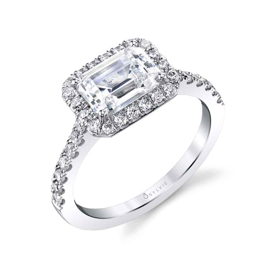 Emerald Cut East-West Classic Halo Engagement Ring - Chantelle 14k Gold White